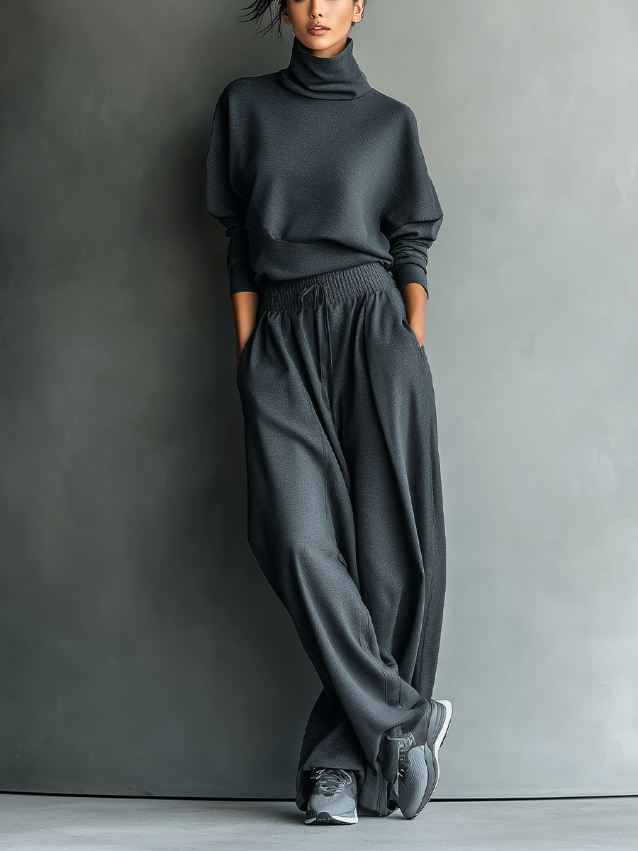 Charcoal Knit Turtleneck Oversized Top & Wide-Leg Pants Set for Women