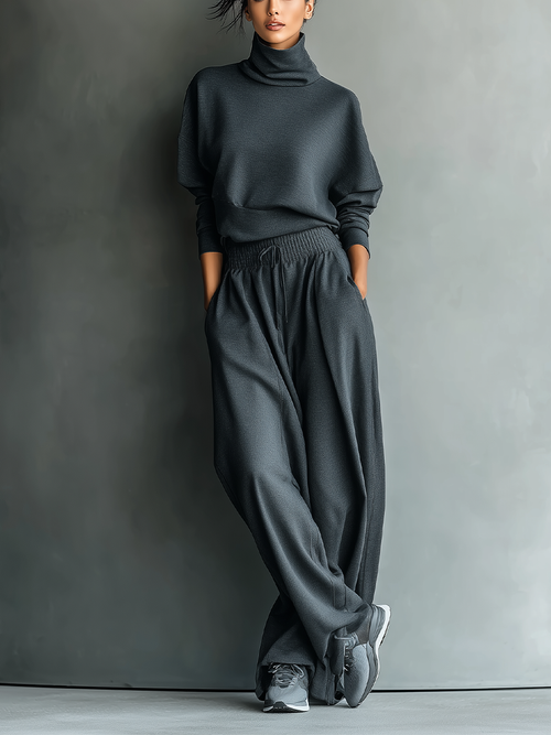 Charcoal Knit Turtleneck Oversized Top & Wide-Leg Pants Set for Women
