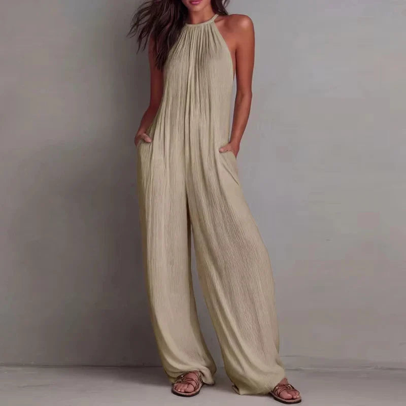 Halter Neck Sleeveless Wide Leg Jumpsuit - Textured Summer Beach Outfit with Pockets
