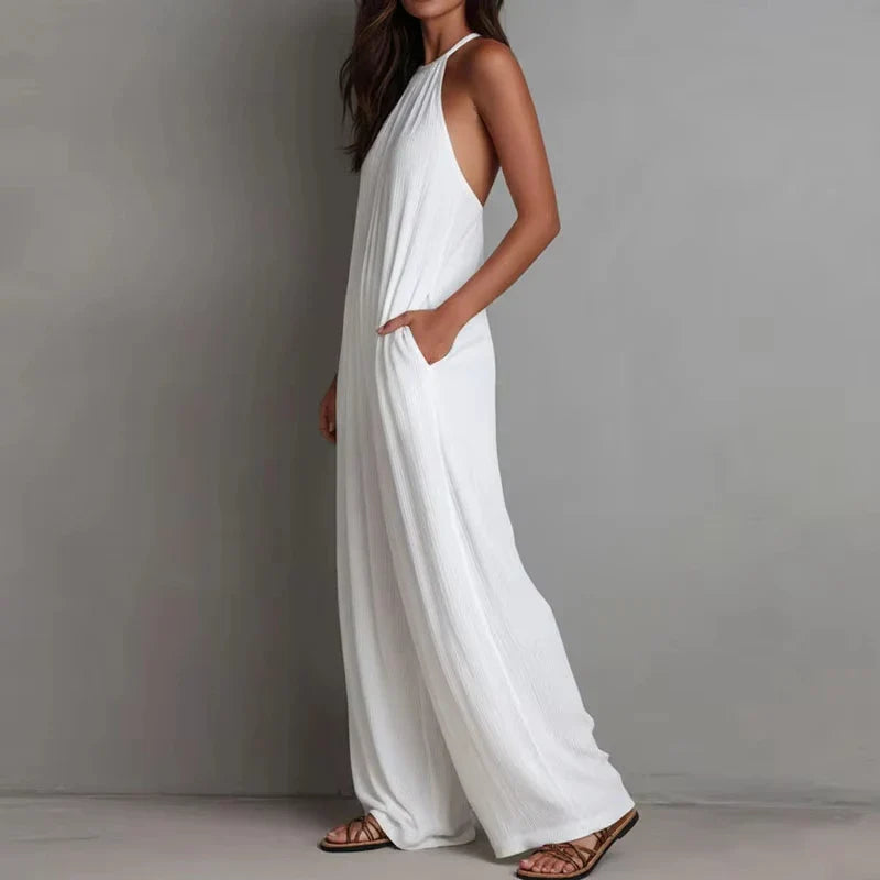 Halter Neck Sleeveless Wide Leg Jumpsuit - Textured Summer Beach Outfit with Pockets