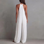 Halter Neck Sleeveless Wide Leg Jumpsuit - Textured Summer Beach Outfit with Pockets