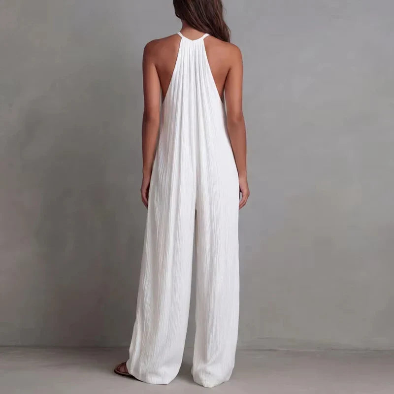 Halter Neck Sleeveless Wide Leg Jumpsuit - Textured Summer Beach Outfit with Pockets