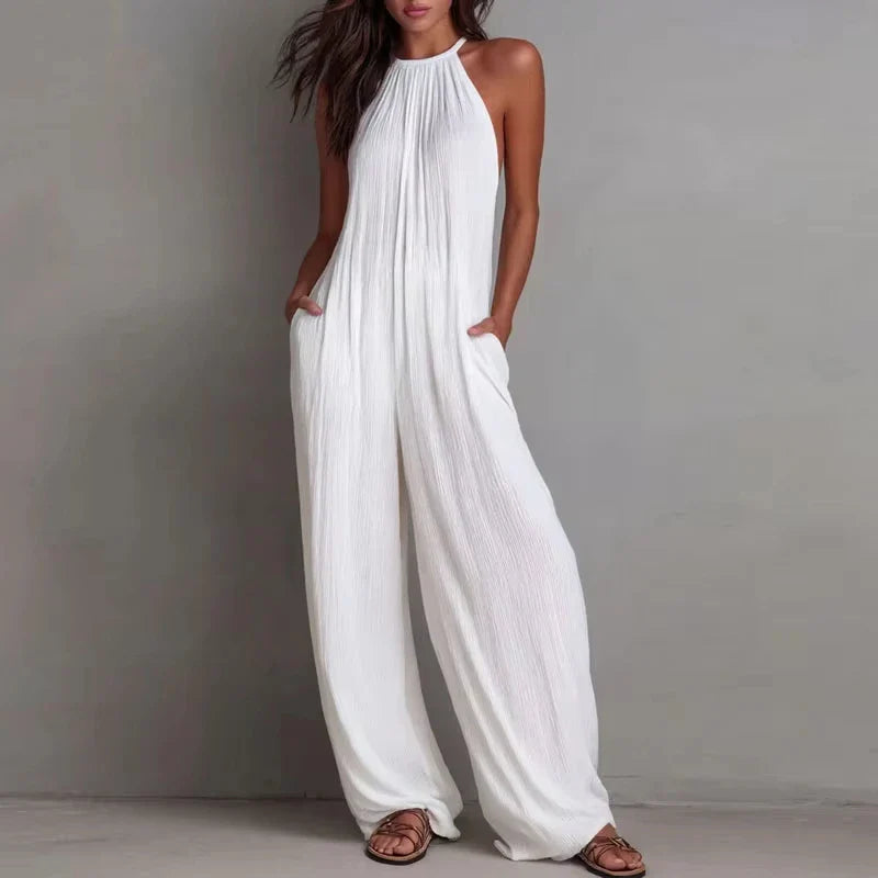 Halter Neck Sleeveless Wide Leg Jumpsuit - Textured Summer Beach Outfit with Pockets