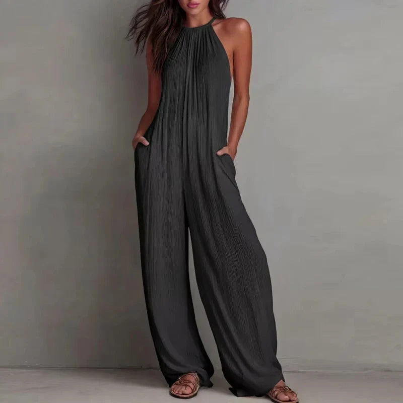 Halter Neck Sleeveless Wide Leg Jumpsuit - Textured Summer Beach Outfit with Pockets