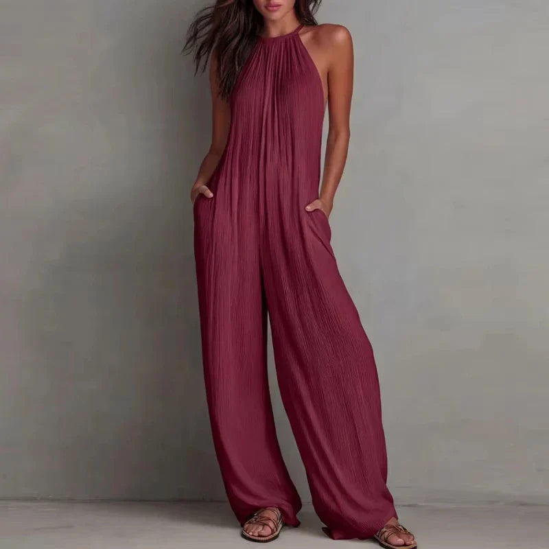 Halter Neck Sleeveless Wide Leg Jumpsuit - Textured Summer Beach Outfit with Pockets