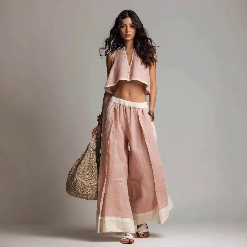 Cotton Linen Women's Summer 2-Piece Wide Leg Pants Set with V-Neck Crop Top