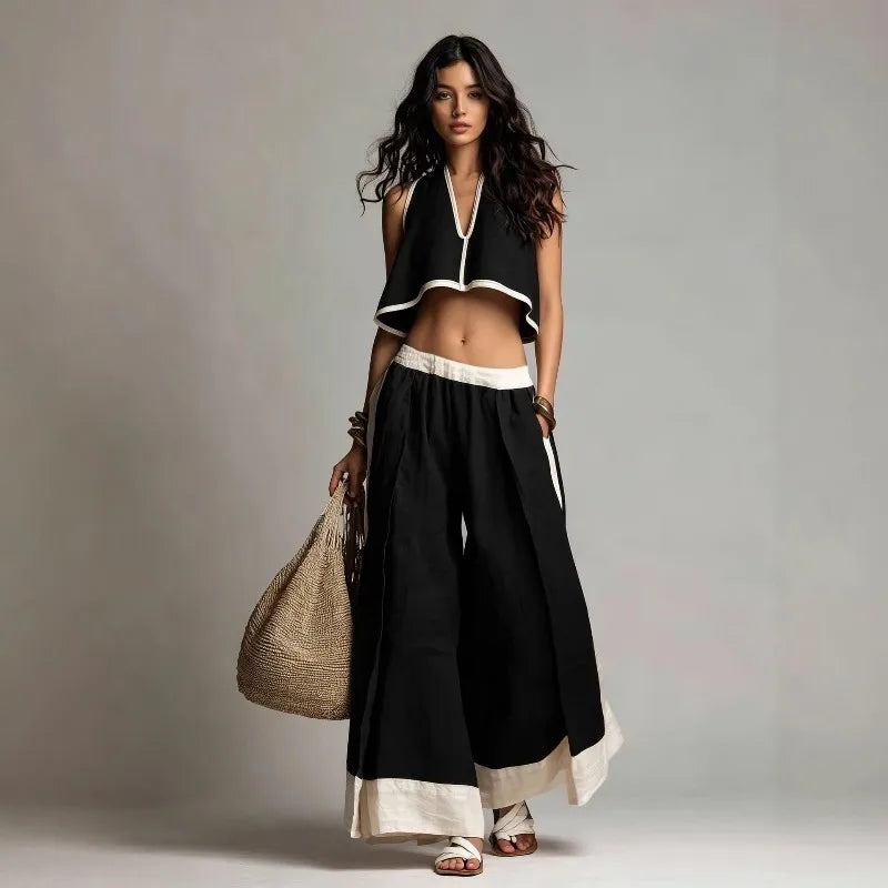 Cotton Linen Women's Summer 2-Piece Wide Leg Pants Set with V-Neck Crop Top