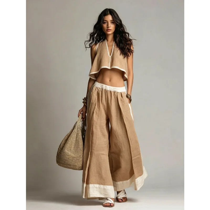 Cotton Linen Women's Summer 2-Piece Wide Leg Pants Set with V-Neck Crop Top