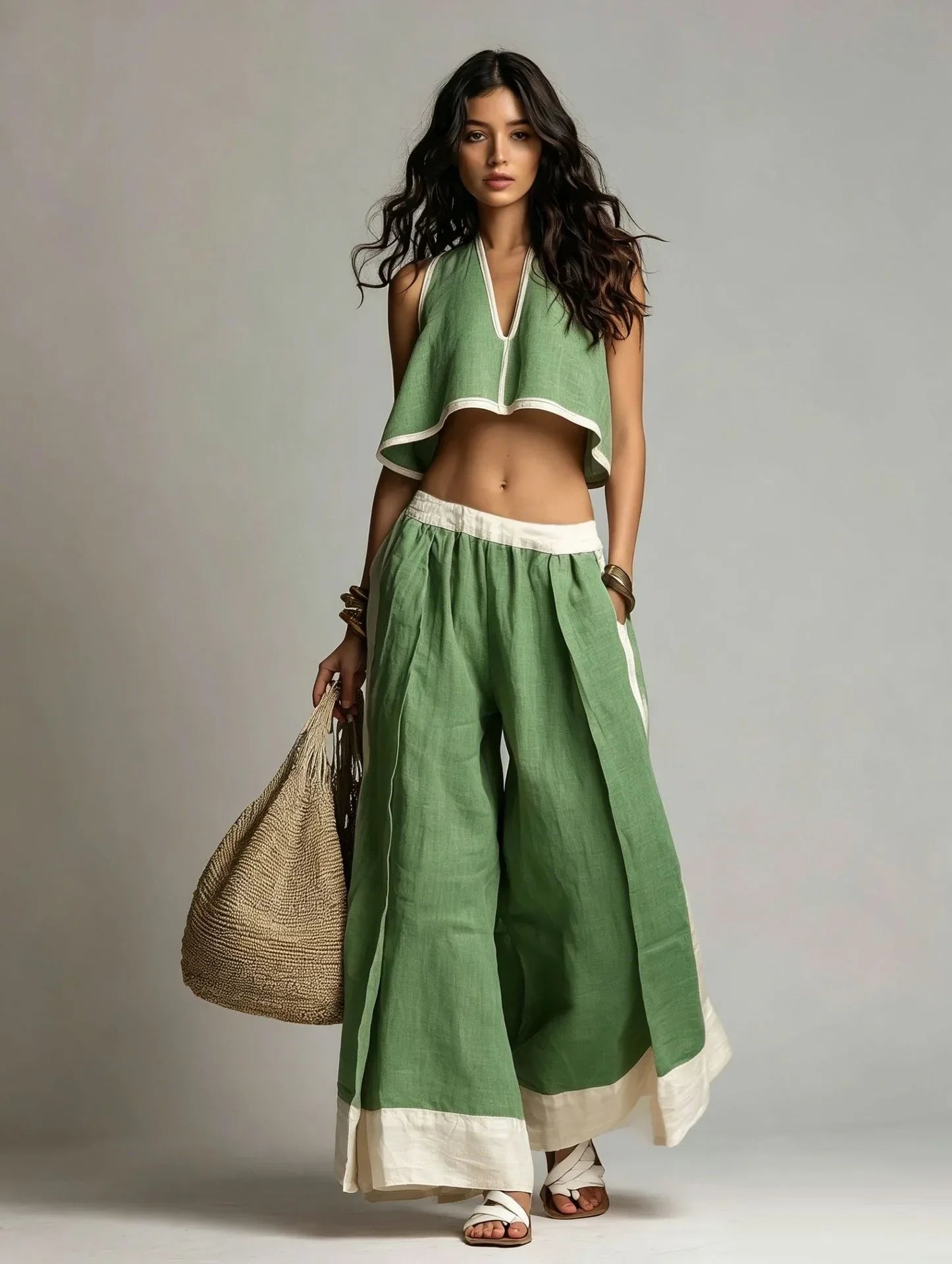 Cotton Linen Women's Summer 2-Piece Wide Leg Pants Set with V-Neck Crop Top