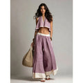 Cotton Linen Women's Summer 2-Piece Wide Leg Pants Set with V-Neck Crop Top