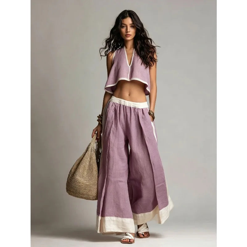 Cotton Linen Women's Summer 2-Piece Wide Leg Pants Set with V-Neck Crop Top