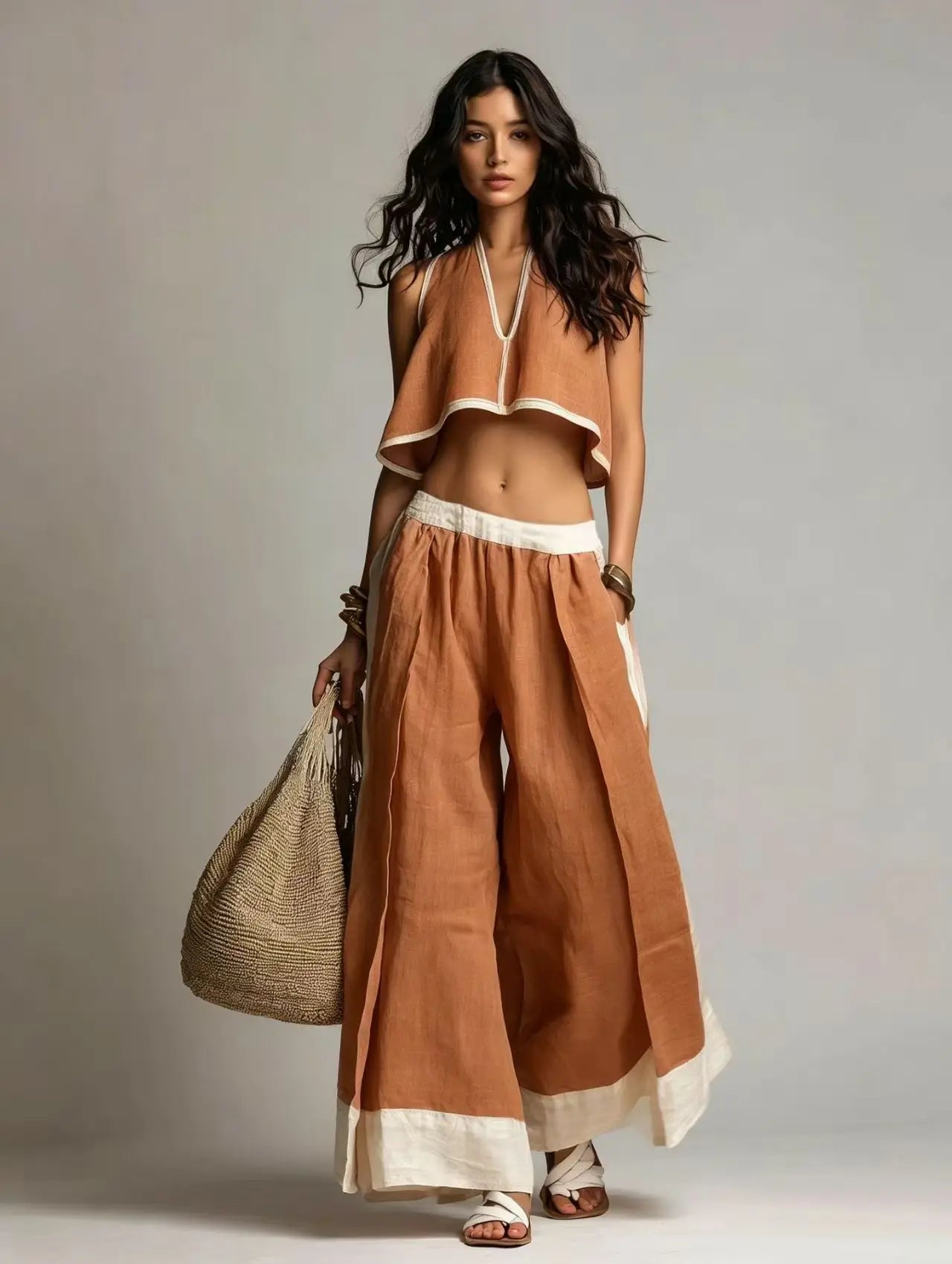 Cotton Linen Women's Summer 2-Piece Wide Leg Pants Set with V-Neck Crop Top