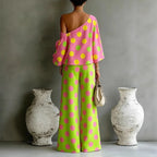 Stylish Women's 2-Piece Summer Set - Open Back Top & High Waist Wide Leg Pants