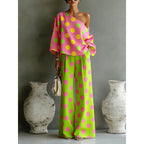 Stylish Women's 2-Piece Summer Set - Open Back Top & High Waist Wide Leg Pants