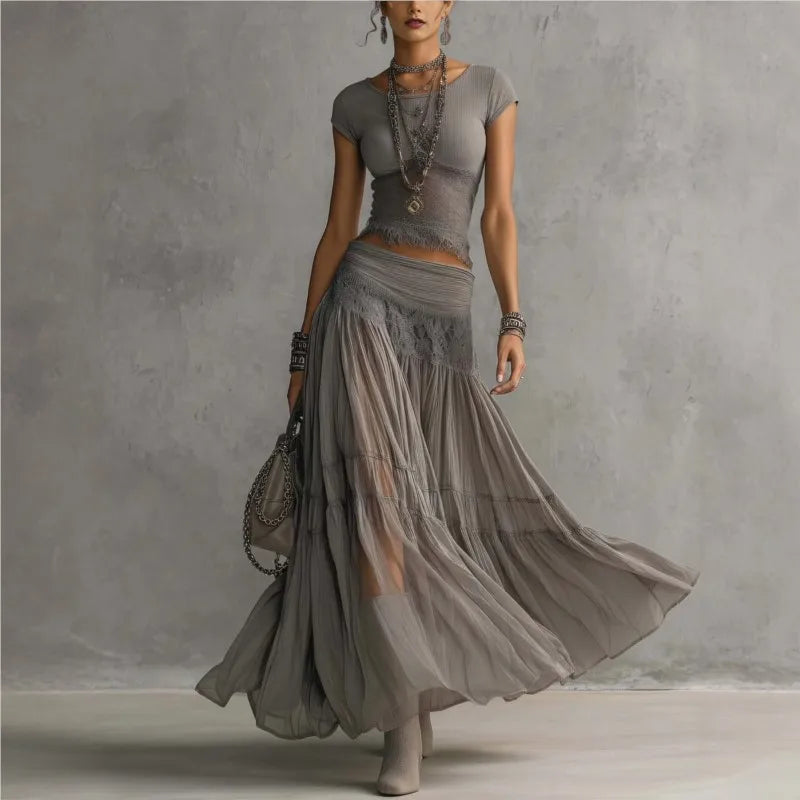 Chic Women's Two Piece Maxi Dress Set - Lace Splice Skirt & Short Sleeve Top