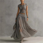 Chic Women's Two Piece Maxi Dress Set - Lace Splice Skirt & Short Sleeve Top