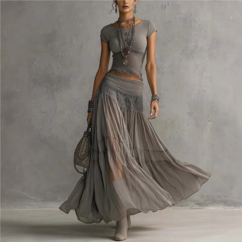 Chic Women's Two Piece Maxi Dress Set - Lace Splice Skirt & Short Sleeve Top
