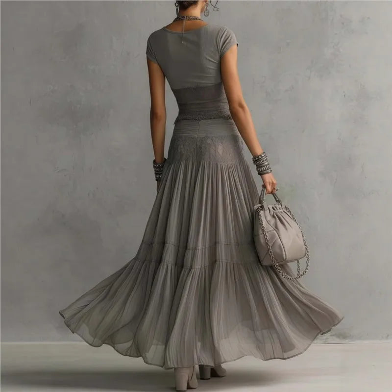 Chic Women's Two Piece Maxi Dress Set - Lace Splice Skirt & Short Sleeve Top
