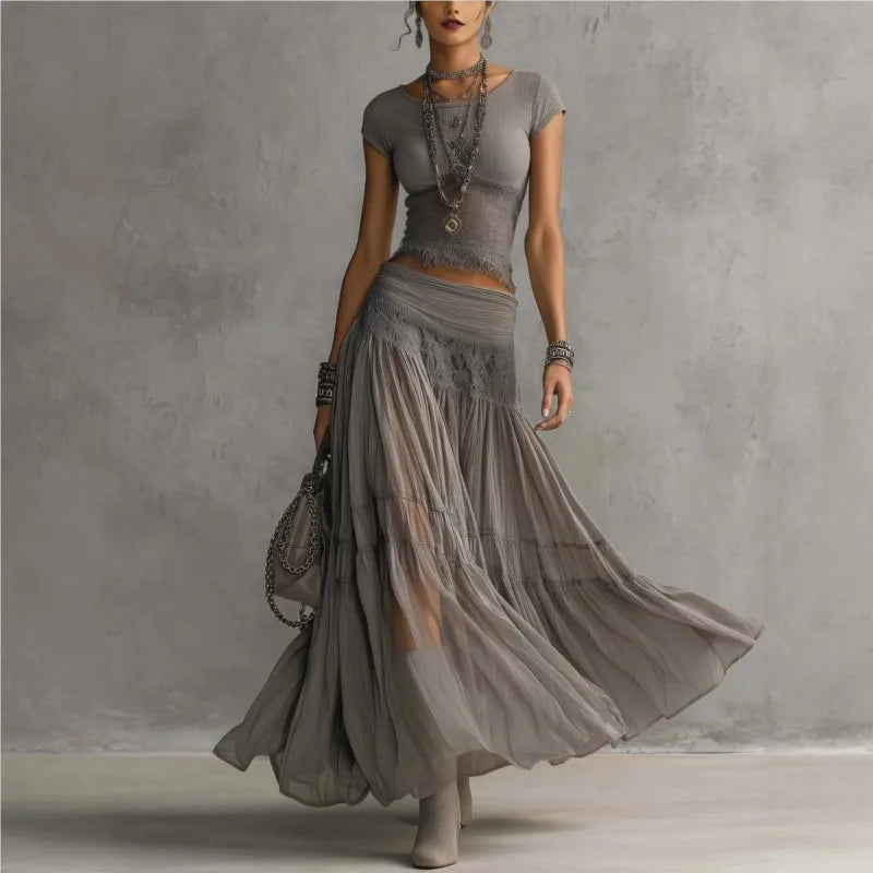 Chic Women's Two Piece Maxi Dress Set - Lace Splice Skirt & Short Sleeve Top