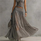 Chic Women's Two Piece Maxi Dress Set - Lace Splice Skirt & Short Sleeve Top