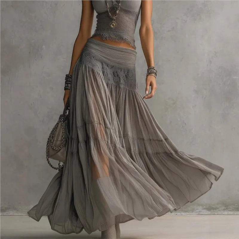 Chic Women's Two Piece Maxi Dress Set - Lace Splice Skirt & Short Sleeve Top