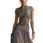 Chic Women's Two Piece Maxi Dress Set - Lace Splice Skirt & Short Sleeve Top
