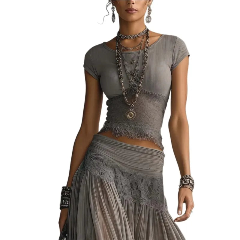 Chic Women's Two Piece Maxi Dress Set - Lace Splice Skirt & Short Sleeve Top