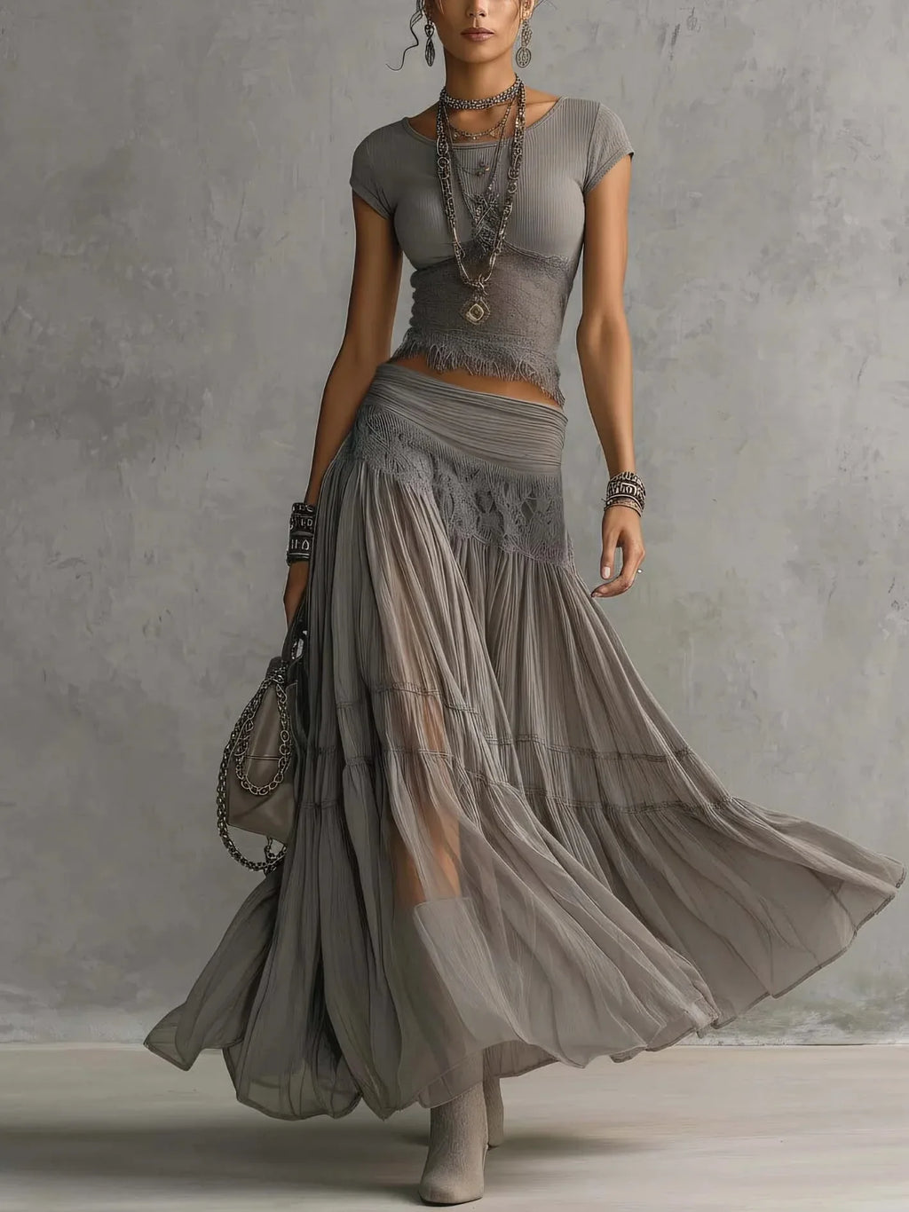 Chic Women's Two Piece Maxi Dress Set - Lace Splice Skirt & Short Sleeve Top