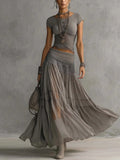Chic Women's Two Piece Maxi Dress Set - Lace Splice Skirt & Short Sleeve Top