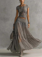 Chic Women's Two Piece Maxi Dress Set - Lace Splice Skirt & Short Sleeve Top