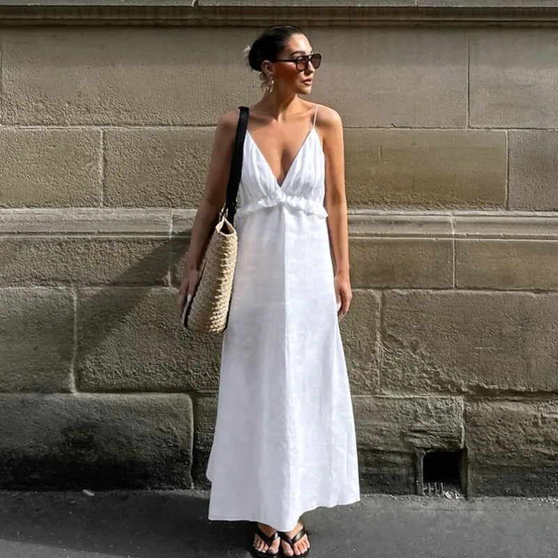 White Linen Maxi Dress for Women - Boho Tiered Spaghetti Strap Sundress