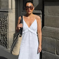 White Linen Maxi Dress for Women - Boho Tiered Spaghetti Strap Sundress