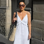 White Linen Maxi Dress for Women - Boho Tiered Spaghetti Strap Sundress