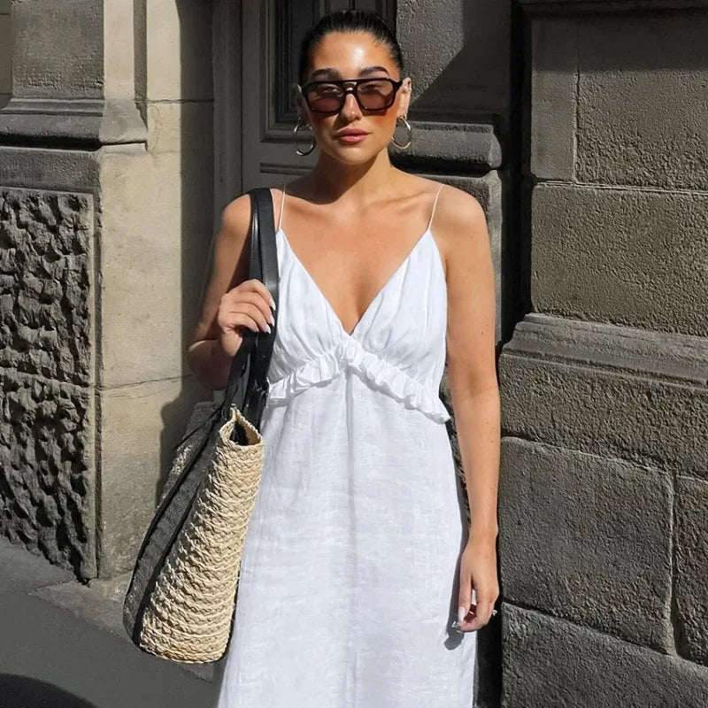 White Linen Maxi Dress for Women - Boho Tiered Spaghetti Strap Sundress