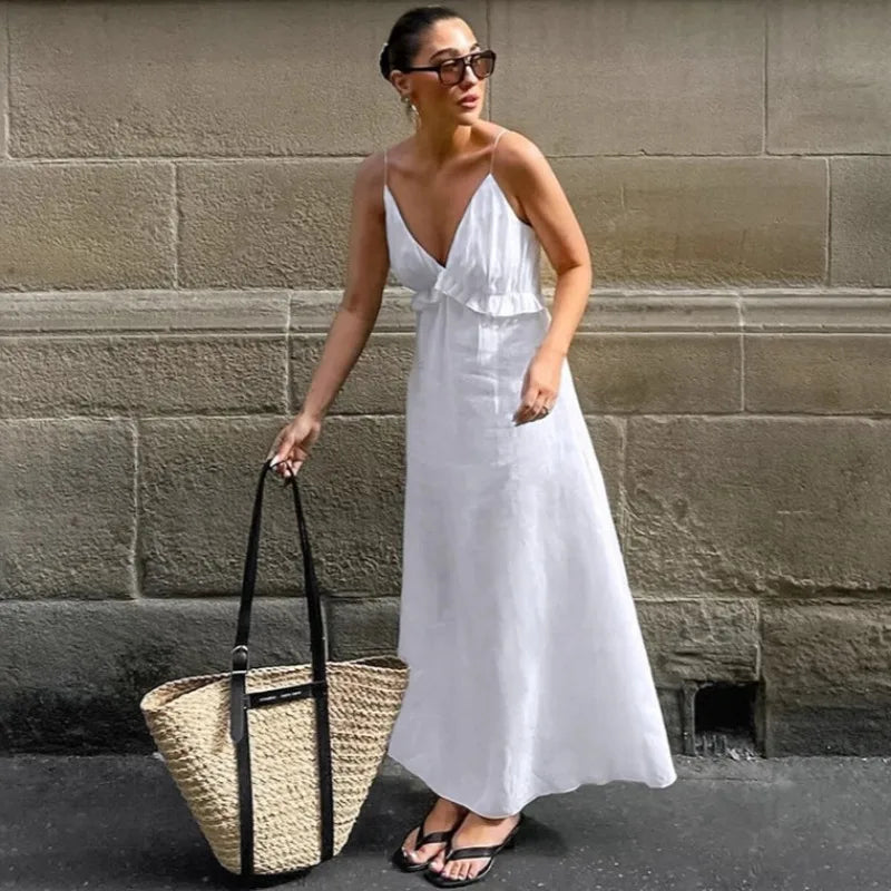 White Linen Maxi Dress for Women - Boho Tiered Spaghetti Strap Sundress