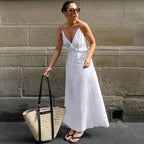 White Linen Maxi Dress for Women - Boho Tiered Spaghetti Strap Sundress