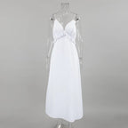 White Linen Maxi Dress for Women - Boho Tiered Spaghetti Strap Sundress
