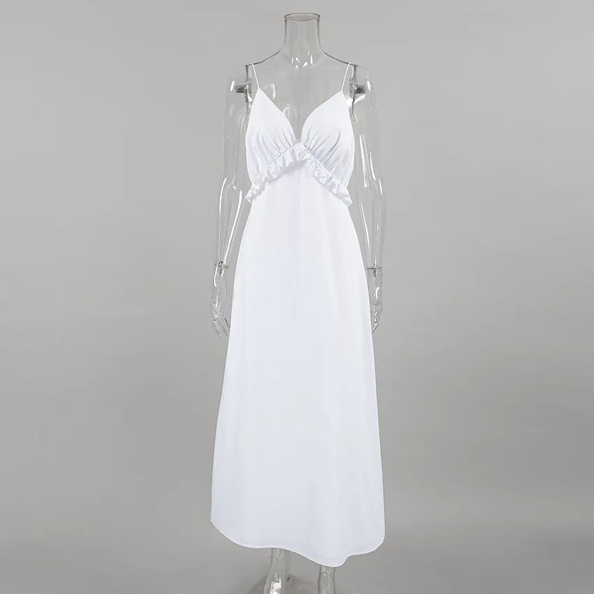 White Linen Maxi Dress for Women - Boho Tiered Spaghetti Strap Sundress