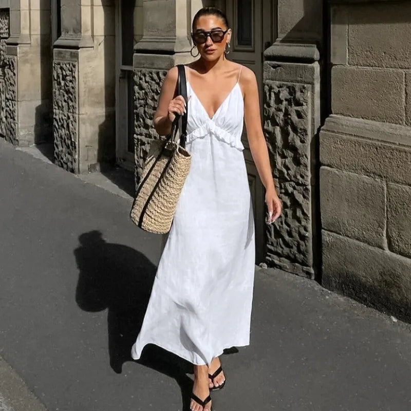 White Linen Maxi Dress for Women - Boho Tiered Spaghetti Strap Sundress