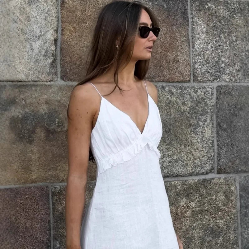 White Linen Maxi Dress for Women - Boho Tiered Spaghetti Strap Sundress