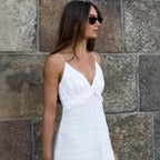 White Linen Maxi Dress for Women - Boho Tiered Spaghetti Strap Sundress