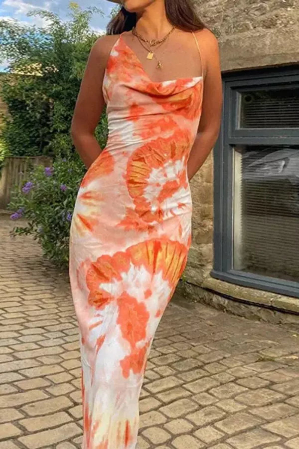 Tie-Dye Satin Maxi Slip Dress with Adjustable Backless Cowl Neck for Evening Wear