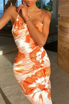 Tie-Dye Satin Maxi Slip Dress with Adjustable Backless Cowl Neck for Evening Wear