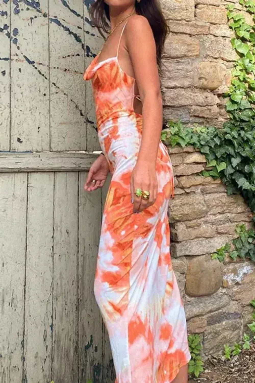 Tie-Dye Satin Maxi Slip Dress with Adjustable Backless Cowl Neck for Evening Wear