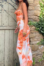 Tie-Dye Satin Maxi Slip Dress with Adjustable Backless Cowl Neck for Evening Wear