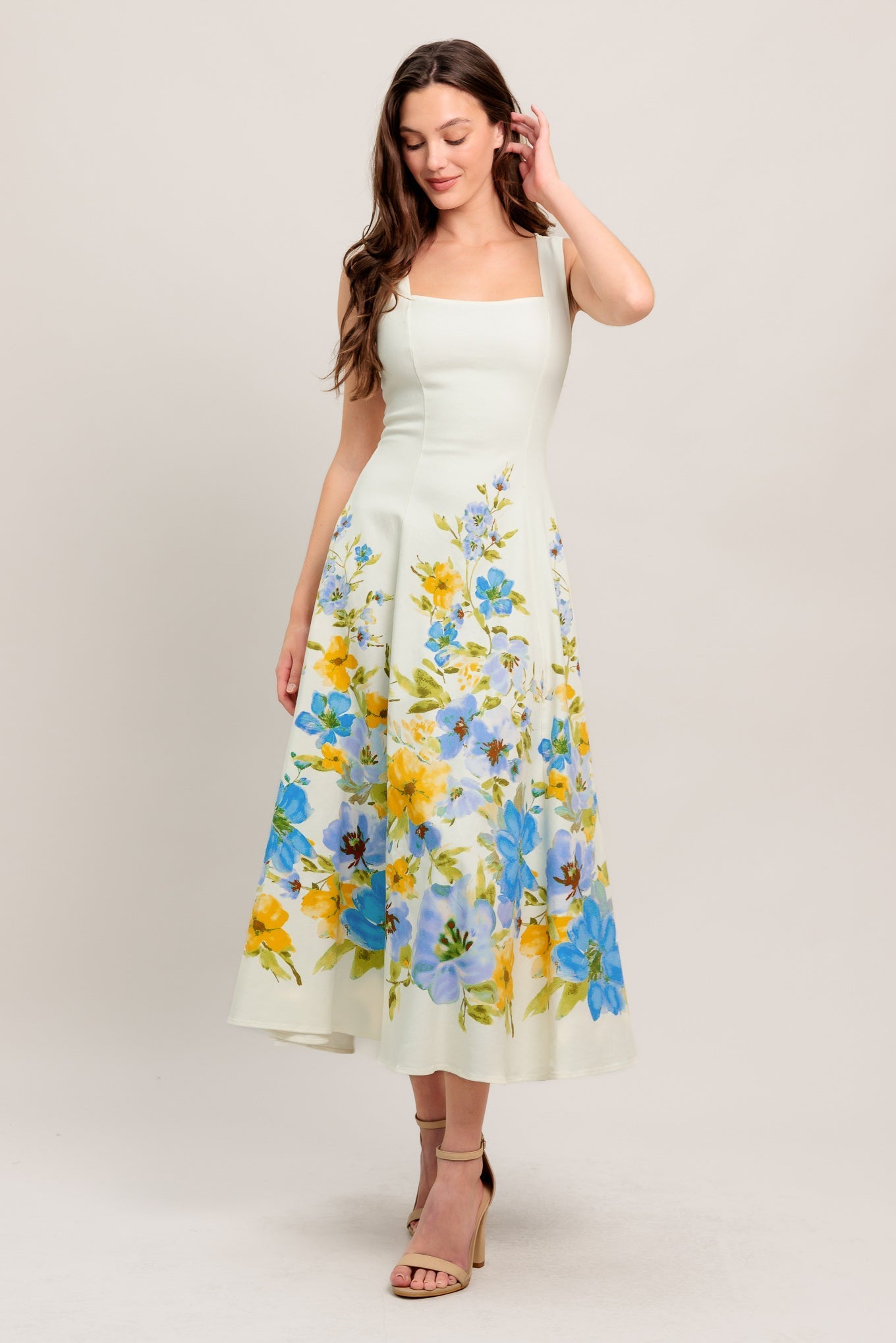 White Midi Dress for Women - Square Neckline, Elegant Casual Wear