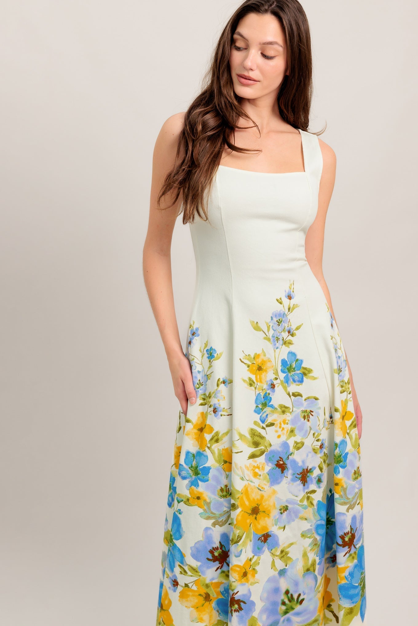 White Midi Dress for Women - Square Neckline, Elegant Casual Wear