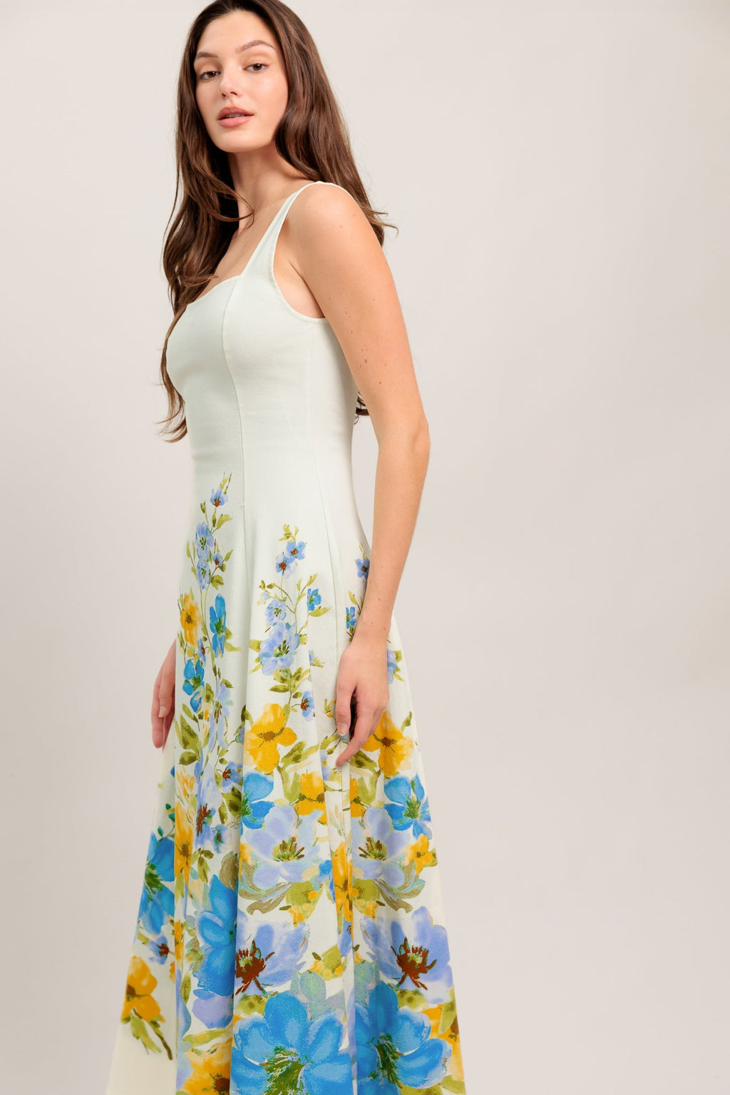 White Midi Dress for Women - Square Neckline, Elegant Casual Wear