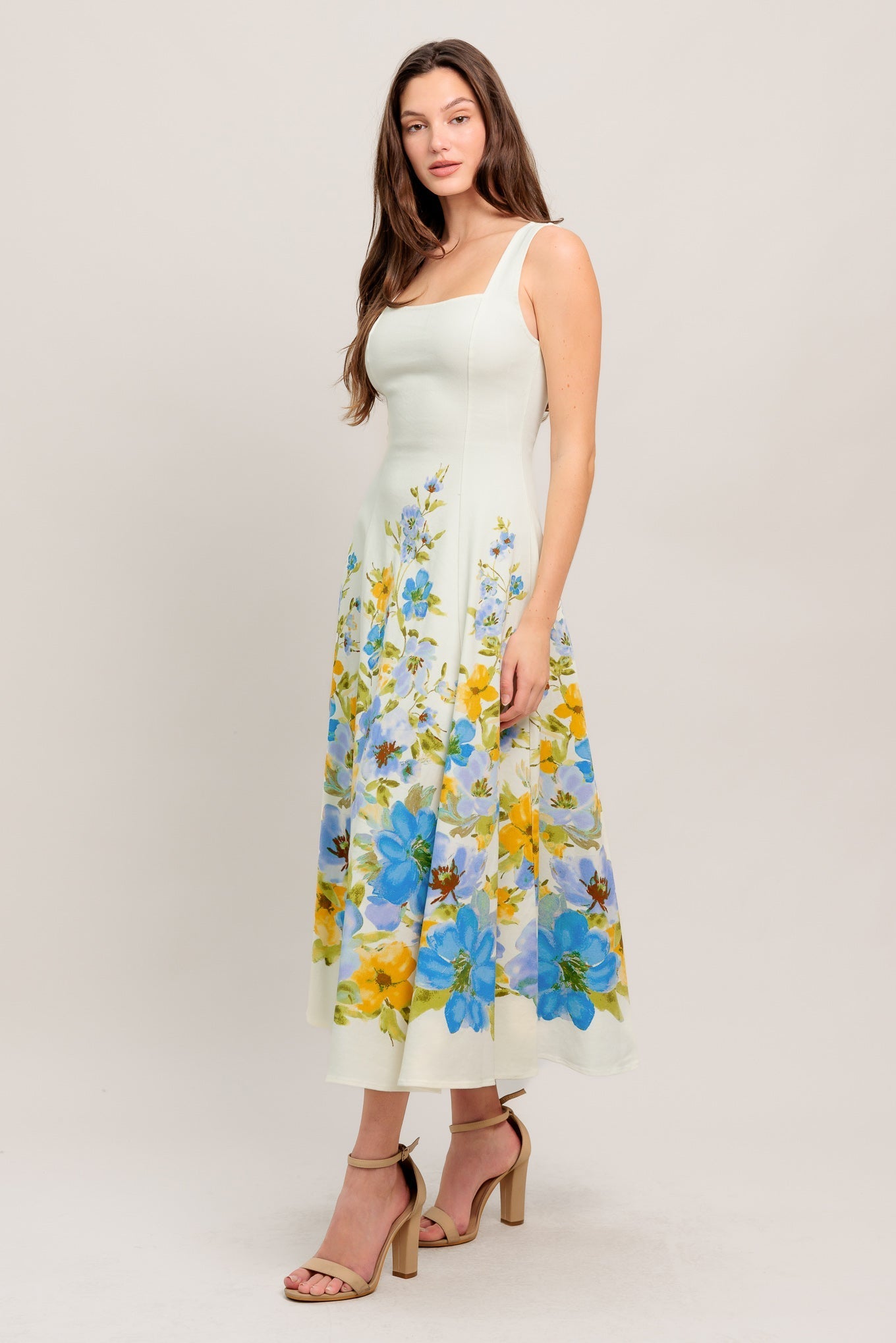 White Midi Dress for Women - Square Neckline, Elegant Casual Wear