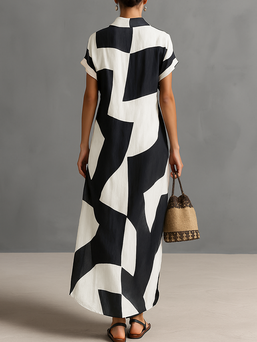 Cotton-Linen Blend Geometric Print Short-Sleeved Maxi Shirt Dress for Women